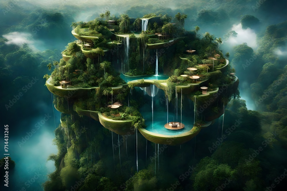 A floating island suspended in the clouds, surrounded by cascading waterfalls and lush gardens that defy the laws of gravity.