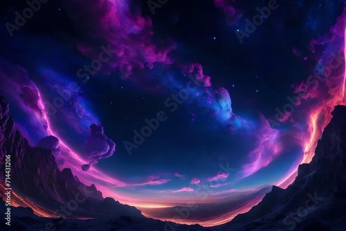 A celestial phenomenon of swirling nebulae and cosmic clouds forming a breathtaking tapestry in the night sky over an alien planet.