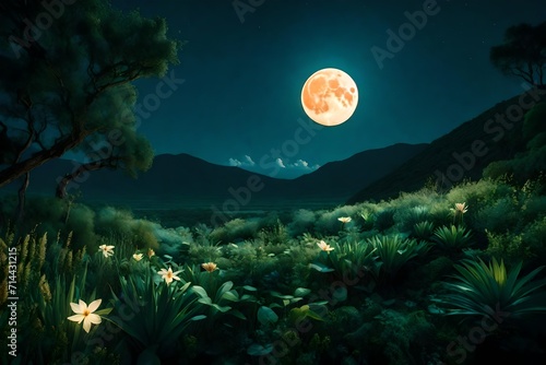 A lush, otherworldly landscape bathed in the soft glow of a double moonrise, with exotic flora and fauna dotting the horizon.