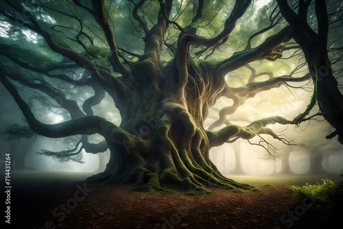 Obraz na płótnie A colossal, ancient tree standing alone in a mystical forest, its branches reaching towards the sky as ethereal lights dance around its intricate canopy. w salonie