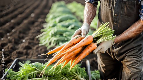 Farm worker harvesting fresh carrot in farm. Organic farm concept. photo