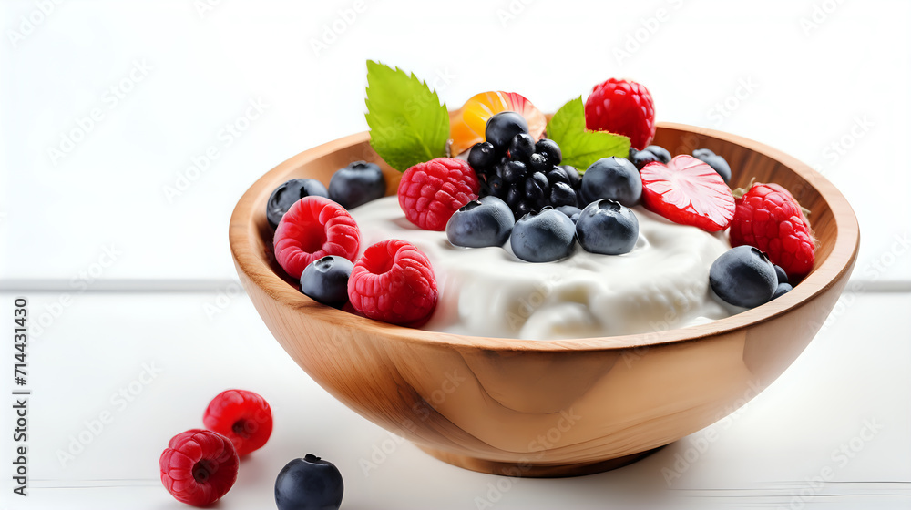 Yogurt and berries in wooden bowl on white background with text space. Generated with AI. Yogurt and berries in wooden bowl on white background with text space. Generated with AI.