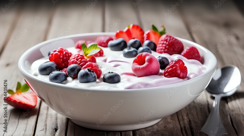 Yogurt and mix berries in bowl on white background with text space. Generated with AI. Yogurt and mix berries in bowl on white background with text space. Generated with AI.