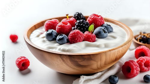 Yogurt and berries in wooden bowl on white background with text space. Generated with AI.