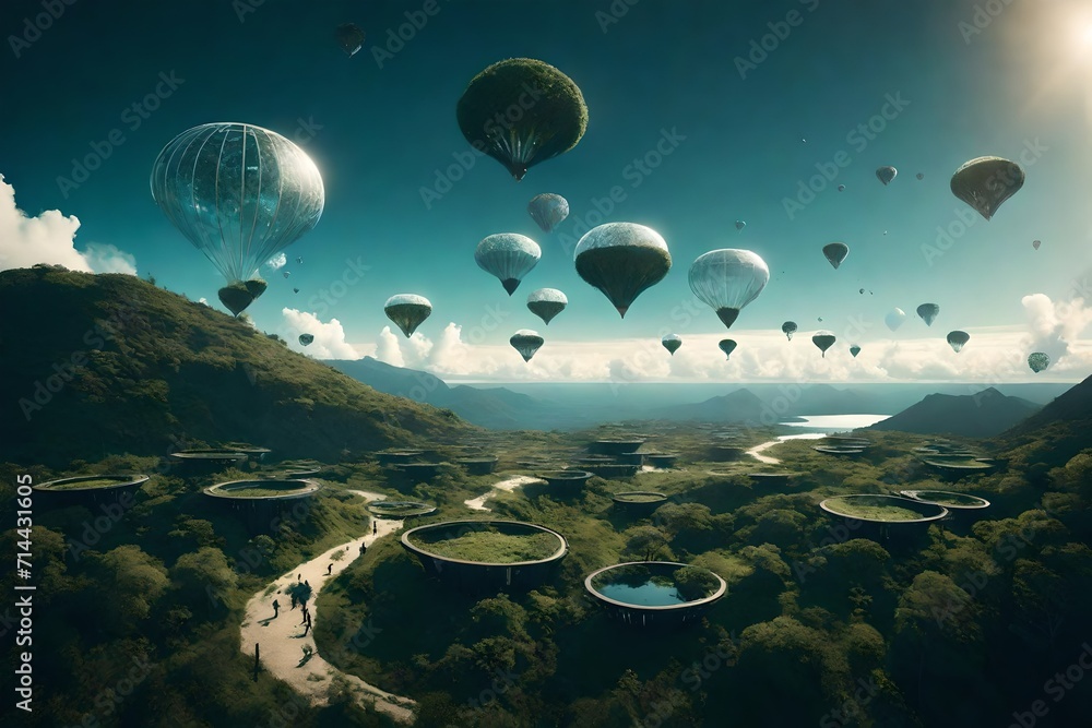 A series of floating islands in the sky, each hosting different ecosystems, representing a harmonious coexistence of nature and technology.