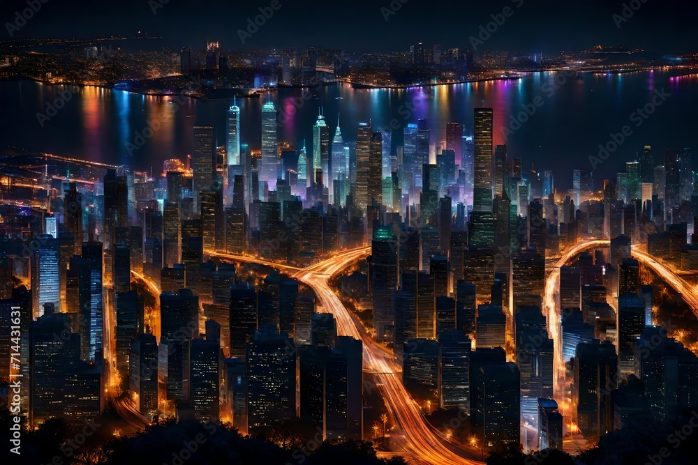 A mesmerizing city skyline at night, illuminated by energy-efficient, dazzling light displays.