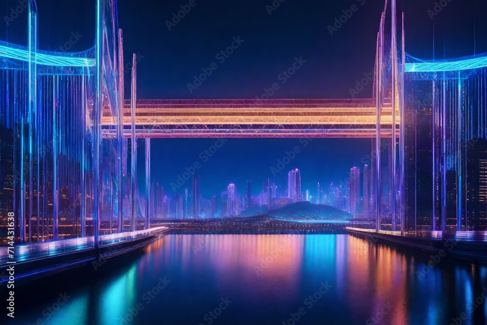 A futuristic cityscape beneath a dazzling display of interconnected holographic bridges, reflecting in the calm waters of a vast artificial lake.