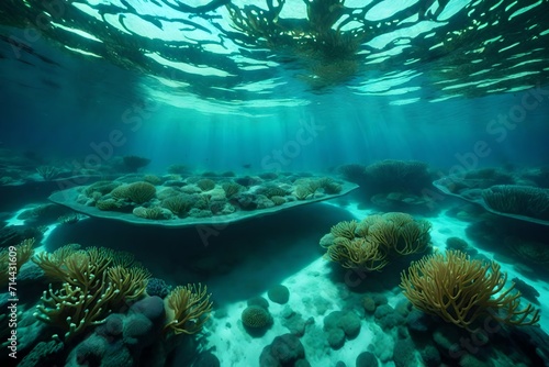 An underwater realm teeming with bioluminescent marine life, showcasing an otherworldly ecosystem beneath the surface of a crystalline ocean.