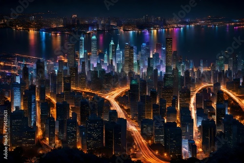 A mesmerizing city skyline at night, illuminated by energy-efficient, dazzling light displays.