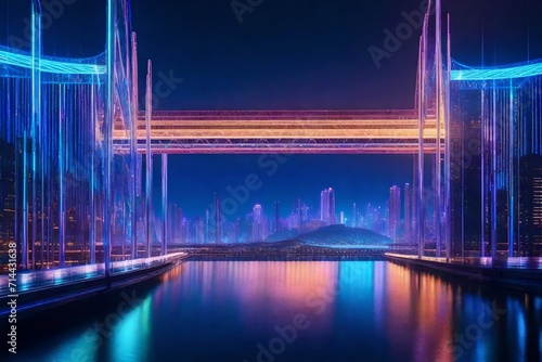 Obraz na płótnie A futuristic cityscape beneath a dazzling display of interconnected holographic bridges, reflecting in the calm waters of a vast artificial lake. w salonie
