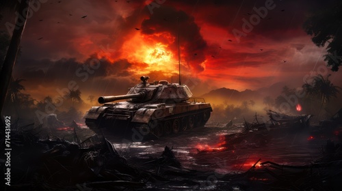 Armored vehicle tank artillery in combat on the battlefront, displaying military firepower. World war illustration © Muamanah