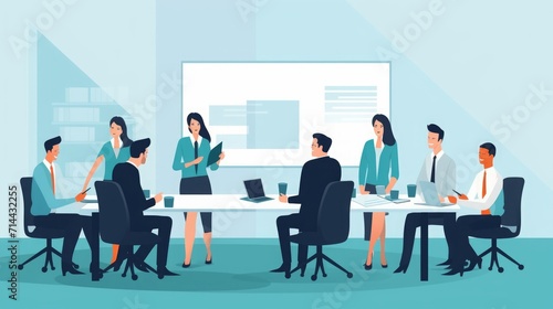 Business illustration template with copy space. The manager points to the text. The team sits around the table.  illustration, Generative AI  © Ambika