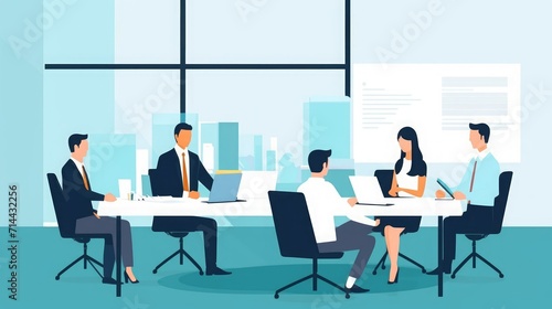 Business illustration template with copy space. The manager points to the text. The team sits around the table. illustration, Generative AI 