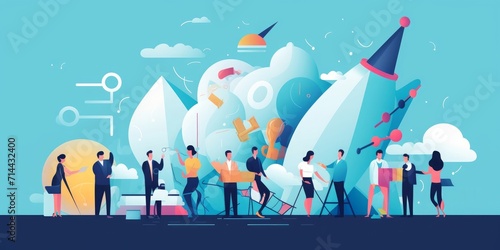 Team cooperation and startup concept. Large group wide format. Business illustration, Generative AI 