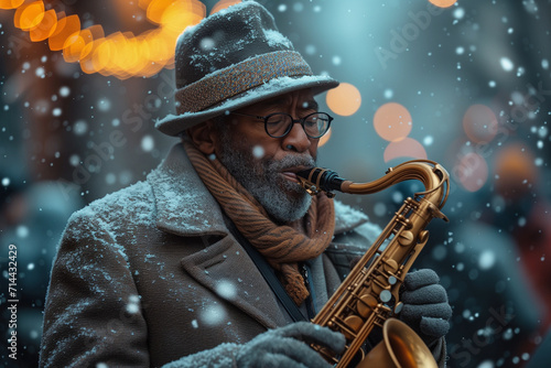 Jazz Performances in Winter Scenery, Vinterjazz, Soulful jazz melodies meet winter vibes: Talented musicians play saxophones and trumpets amid snowy landscapes or cozy indoor jazz clubs