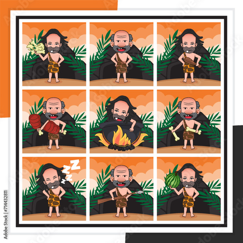 Bundle pack cartoon illustration of cavemen with various activities