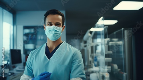 Close up portrait of a surgeon wearing a mask and surgery coat in the operating room hospital. photo