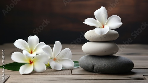 Balance stone spa massage with white Frangipani or plumeria flowers on wooden floor. Women's body care and beauty clinic.