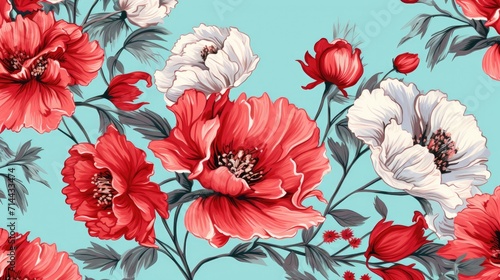 Beautiful red flowers on a blue background. Floral pattern. Spring background and texture. A greeting card.