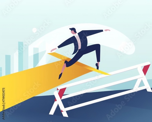 Overcome obstacles. Manager jumping over obstacles like hurdle race. Business concept illustration, Generative AI 