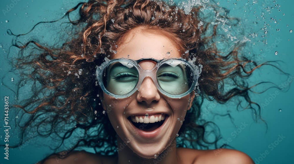 Beautiful young woman with curly hair and green sunglasses in water splash Beautiful young woman with curly hair and green sunglasses in water splash