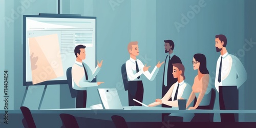 School, education, learning. Business illustration. The business team listens to the teacher, Generative AI 
