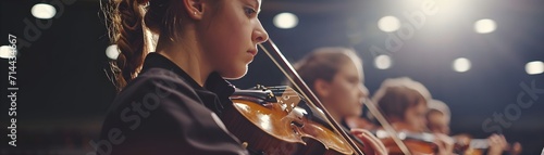 Back to school, Musical Ensemble, Capture the passion and dedication of students practicing in a school orchestra, background image, generative AI photo