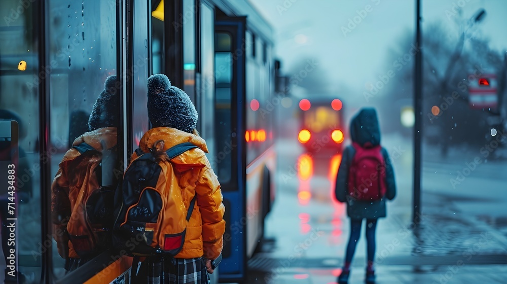 Back to school, Bus Stop Moments, Photograph kids waiting at the bus stop, background image, generative AI - obrazy, fototapety, plakaty 