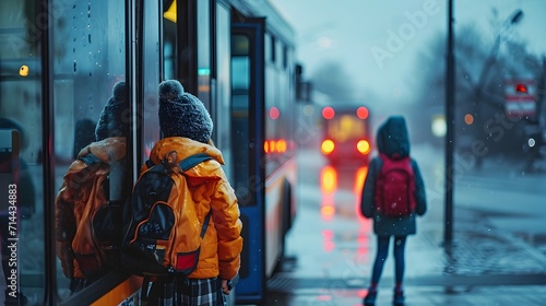 Back to school, Bus Stop Moments, Photograph kids waiting at the bus stop, background image, generative AI photo