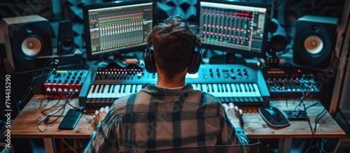 Male arranger creating music in digital studio using MIDI piano and audio gear. photo