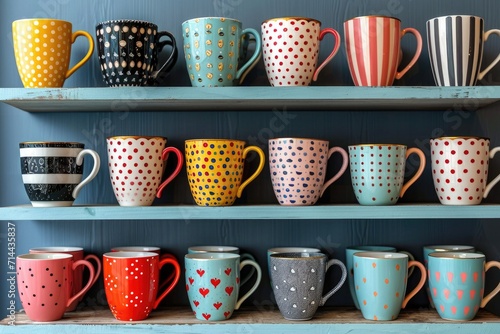 Collection of cute mugs with different patterns neatly arranged on open shelves