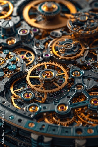 Intricate arrangement of metallic gears and cogs, close-up, showcasing precision engineering and industrial design