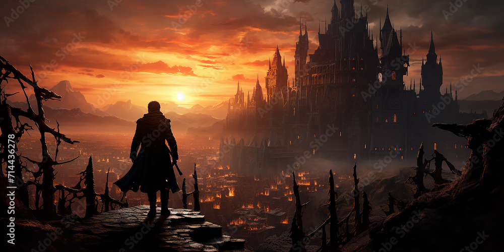 Fototapeta premium Fantasy_Victorian-era_city_street_sunset_crumbling_build