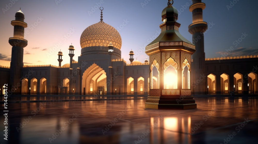 a big lantern with islamic mosque at evening time ramadan kareem background