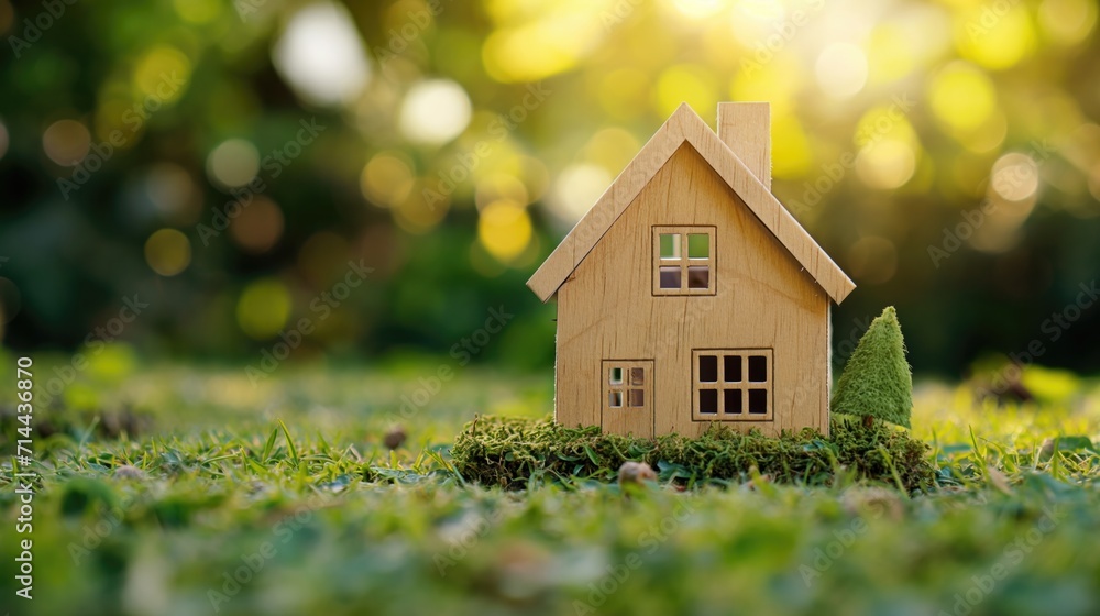 Wooden house model on green grass close to nature. Wooden house model on green grass close to nature.