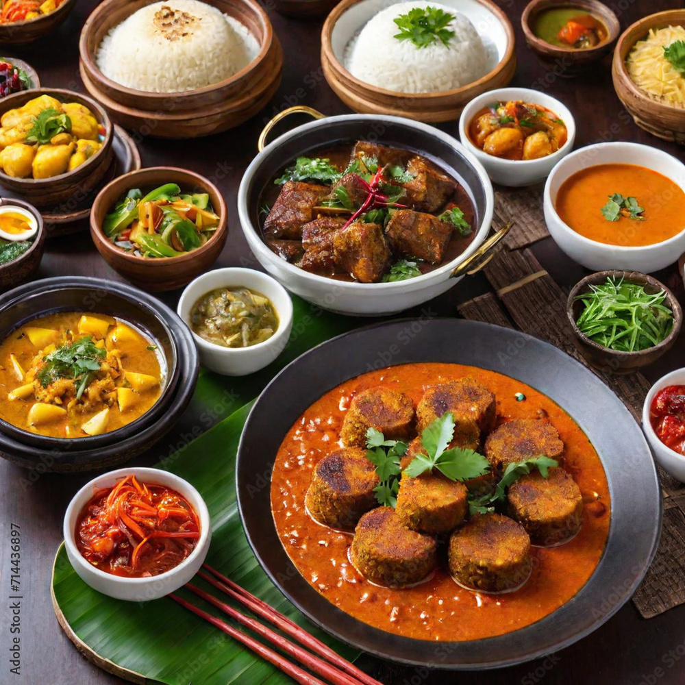 Rich dinner on the table, rice, fish, curry and mushrooms, various soups, grand banquet dinner, spicy food, gastronomy concept background
Rich dinner on the table, rice, fish, curry and mushrooms, various soups, grand banquet dinner, spicy food, gastronomy concept background
