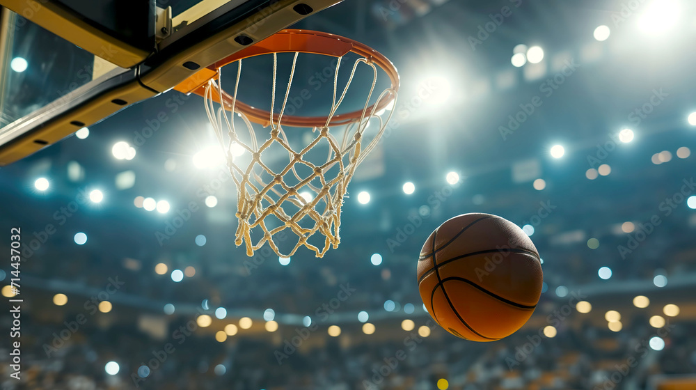 A basket ball flies into the basket against the background of a basketball arena A basket ball flies into the basket against the background of a basketball arena