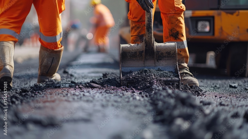 brigade of servants for road maintenance removes the old asphalt with a jackhammer and shovels into the excavator cart in road construction