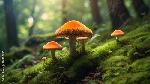 mushroom in the forest, red mushroom in the forest, Fairytale hallucinogenic mushrooms in a sunny, enchanted forest, growing in green moss.