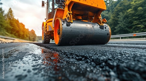 Asphalt road roller with heavy vibration roller compactor press new hot asphalt on the roadway on a road construction site. Heavy Vibration roller at asphalt pavement working. Repairing. photo