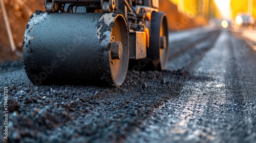 Asphalt road roller with heavy vibration roller compactor press new hot asphalt on the roadway on a road construction site. Heavy Vibration roller at asphalt pavement working. Repairing.