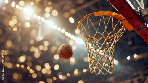 A basket ball flies into the basket against the background of a basketball arena photo