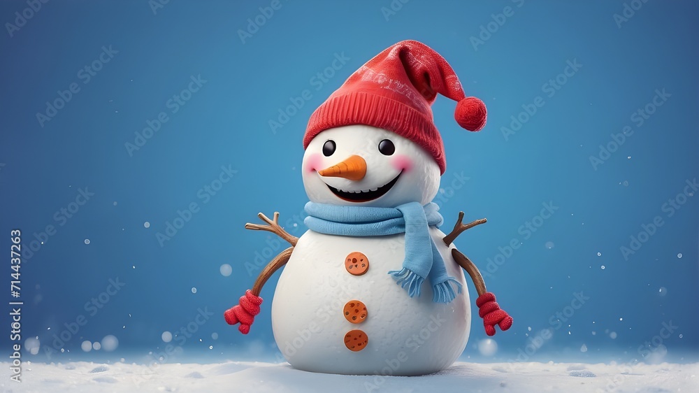 snowman with hat and scarf,happy jolly snowman on blue background, AI Generated