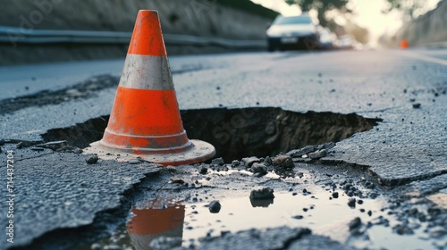 Deep sinkhole on a street city and orange traffic cone. Dangerous hole in the asphalt highway. Road with cracks. Bad construction. Damaged asphalt road collapse and fallen.
