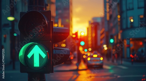 Green traffic light with green arrow light up in city while sunset allows car to turn right photo