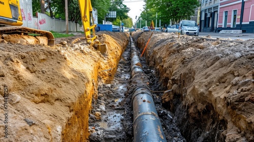 Excavation trench on a city street to replace plastic water pipes or laying cables. Repair and renovation at construction and development site. photo