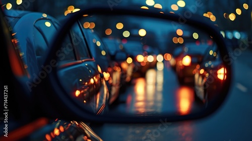 in the rearview mirror in the evening, cars with headlights are queuing in a traffic jam photo