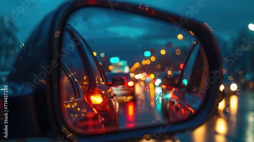 in the rearview mirror in the evening, cars with headlights are queuing in a traffic jam
