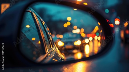 in the rearview mirror in the evening, cars with headlights are queuing in a traffic jam © buraratn