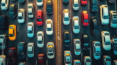 Top view of numerous cars in a traffic jam